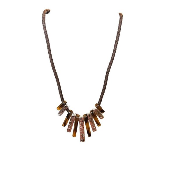 Brown Braided Necklace With Amber & Silver-Toned Pendants Adjustable‎ Length - Picture 1 of 5